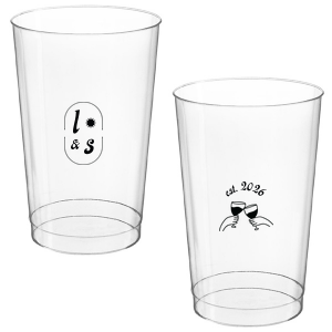 The Sunburst Initial & Toasting Glass Cup features an oval frame with classic initials, a subtle star accent, and a toast illustration with the date on the reverse. Order yours to serve drinks with a chic, custom feel guests will love. Fitting for weddings and engagement parties!