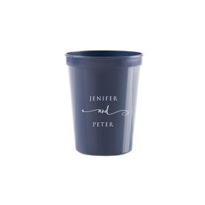 The Elegant Union Cup displays the couple's names, neatly stacked with artistic flair. A flowing flourish artistically intertwines the word 'and', adding a touch of whimsy. This design beautifully balances simplicity with a hint of fancy, making it a charming personalized detail for any event.