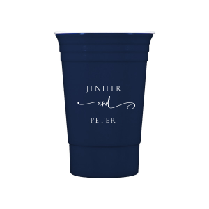 The Elegant Union Cup displays the couple's names, neatly stacked with artistic flair. A flowing flourish artistically intertwines the word 'and', adding a touch of whimsy. This design beautifully balances simplicity with a hint of fancy, making it a charming personalized detail for any event.
