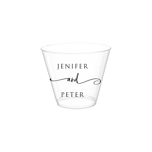 The Elegant Union Cup displays the couple's names, neatly stacked with artistic flair. A flowing flourish artistically intertwines the word 'and', adding a touch of whimsy. This design beautifully balances simplicity with a hint of fancy, making it a charming personalized detail for any event.