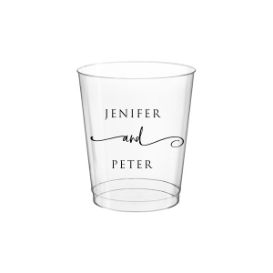 The Elegant Union Cup displays the couple's names, neatly stacked with artistic flair. A flowing flourish artistically intertwines the word 'and', adding a touch of whimsy. This design beautifully balances simplicity with a hint of fancy, making it a charming personalized detail for any event.