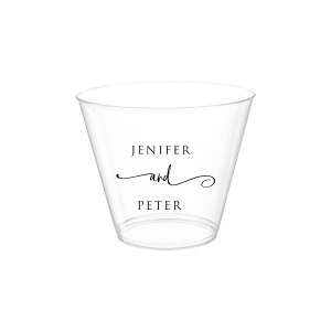 The Elegant Union Cup displays the couple's names, neatly stacked with artistic flair. A flowing flourish artistically intertwines the word 'and', adding a touch of whimsy. This design beautifully balances simplicity with a hint of fancy, making it a charming personalized detail for any event.