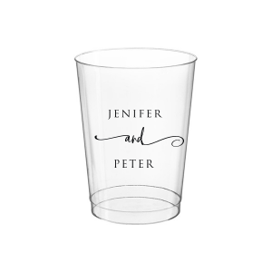 The Elegant Union Cup displays the couple's names, neatly stacked with artistic flair. A flowing flourish artistically intertwines the word 'and', adding a touch of whimsy. This design beautifully balances simplicity with a hint of fancy, making it a charming personalized detail for any event.