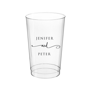 The Elegant Union Cup displays the couple's names, neatly stacked with artistic flair. A flowing flourish artistically intertwines the word 'and', adding a touch of whimsy. This design beautifully balances simplicity with a hint of fancy, making it a charming personalized detail for any event.