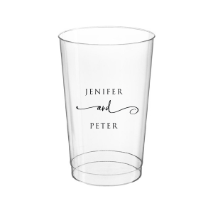 The Elegant Union Cup displays the couple's names, neatly stacked with artistic flair. A flowing flourish artistically intertwines the word 'and', adding a touch of whimsy. This design beautifully balances simplicity with a hint of fancy, making it a charming personalized detail for any event.