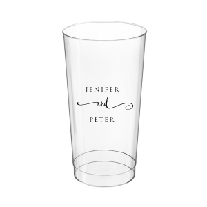 The Elegant Union Cup displays the couple's names, neatly stacked with artistic flair. A flowing flourish artistically intertwines the word 'and', adding a touch of whimsy. This design beautifully balances simplicity with a hint of fancy, making it a charming personalized detail for any event.