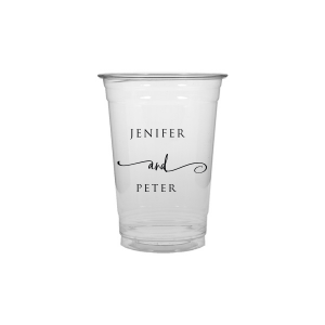 The Elegant Union Cup displays the couple's names, neatly stacked with artistic flair. A flowing flourish artistically intertwines the word 'and', adding a touch of whimsy. This design beautifully balances simplicity with a hint of fancy, making it a charming personalized detail for any event.