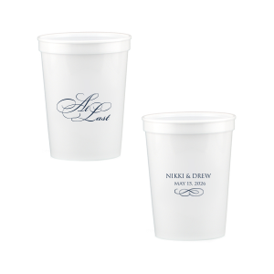 The At Last Cup features elegant calligraphy reading “At Last” reversed with the couple's names and a graceful flourish for a timeless drinkware detail. Use it to elevate your celebration with a romantic touch. Refined for wedding receptions and sentimental keepsakes.