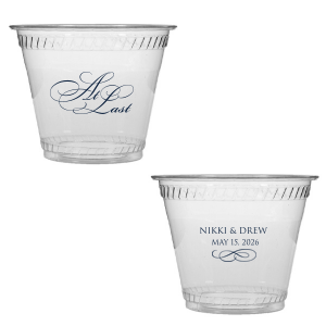 The At Last Cup features elegant calligraphy reading “At Last” reversed with the couple's names and a graceful flourish for a timeless drinkware detail. Use it to elevate your celebration with a romantic touch. Refined for wedding receptions and sentimental keepsakes.
