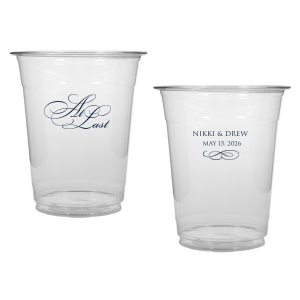 The At Last Cup features elegant calligraphy reading “At Last” reversed with the couple's names and a graceful flourish for a timeless drinkware detail. Use it to elevate your celebration with a romantic touch. Refined for wedding receptions and sentimental keepsakes.
