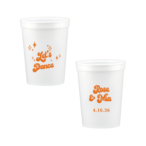 The Mod Mediterranean Let's Dance Cup features retro script lettering of the couple’s names and special date, accented with sparkling star details and the joyful party phrase “Let’s Dance.” Grab a set to keep drinks flowing and the energy high all night long. Go-to for wedding receptions and the dance floor!