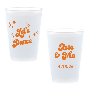 The Mod Mediterranean Let's Dance Cup features retro script lettering of the couple’s names and special date, accented with sparkling star details and the joyful party phrase “Let’s Dance.” Grab a set to keep drinks flowing and the energy high all night long. Go-to for wedding receptions and the dance floor!