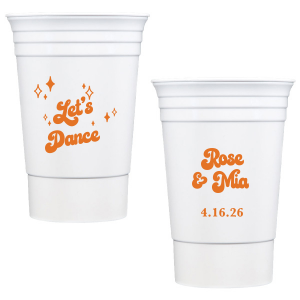 The Mod Mediterranean Let's Dance Cup features retro script lettering of the couple’s names and special date, accented with sparkling star details and the joyful party phrase “Let’s Dance.” Grab a set to keep drinks flowing and the energy high all night long. Go-to for wedding receptions and the dance floor!