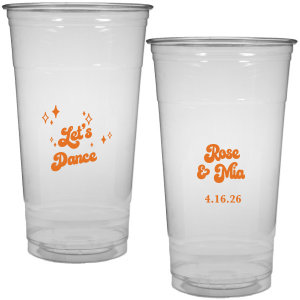The Mod Mediterranean Let's Dance Cup features retro script lettering of the couple’s names and special date, accented with sparkling star details and the joyful party phrase “Let’s Dance.” Grab a set to keep drinks flowing and the energy high all night long. Go-to for wedding receptions and the dance floor!