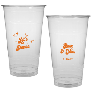 The Mod Mediterranean Let's Dance Cup features retro script lettering of the couple’s names and special date, accented with sparkling star details and the joyful party phrase “Let’s Dance.” Grab a set to keep drinks flowing and the energy high all night long. Go-to for wedding receptions and the dance floor!