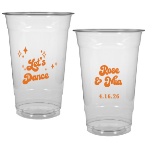 The Mod Mediterranean Let's Dance Cup features retro script lettering of the couple’s names and special date, accented with sparkling star details and the joyful party phrase “Let’s Dance.” Grab a set to keep drinks flowing and the energy high all night long. Go-to for wedding receptions and the dance floor!