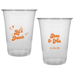 The Mod Mediterranean Let's Dance Cup features retro script lettering of the couple’s names and special date, accented with sparkling star details and the joyful party phrase “Let’s Dance.” Grab a set to keep drinks flowing and the energy high all night long. Go-to for wedding receptions and the dance floor!