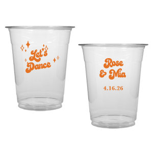 The Mod Mediterranean Let's Dance Cup features retro script lettering of the couple’s names and special date, accented with sparkling star details and the joyful party phrase “Let’s Dance.” Grab a set to keep drinks flowing and the energy high all night long. Go-to for wedding receptions and the dance floor!