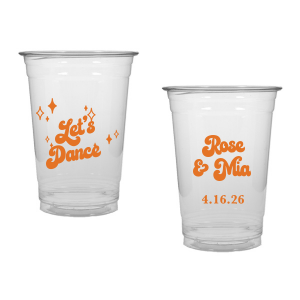 The Mod Mediterranean Let's Dance Cup features retro script lettering of the couple’s names and special date, accented with sparkling star details and the joyful party phrase “Let’s Dance.” Grab a set to keep drinks flowing and the energy high all night long. Go-to for wedding receptions and the dance floor!