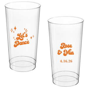 The Mod Mediterranean Let's Dance Cup features retro script lettering of the couple’s names and special date, accented with sparkling star details and the joyful party phrase “Let’s Dance.” Grab a set to keep drinks flowing and the energy high all night long. Go-to for wedding receptions and the dance floor!