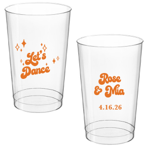 The Mod Mediterranean Let's Dance Cup features retro script lettering of the couple’s names and special date, accented with sparkling star details and the joyful party phrase “Let’s Dance.” Grab a set to keep drinks flowing and the energy high all night long. Go-to for wedding receptions and the dance floor!