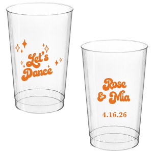 The Mod Mediterranean Let's Dance Cup features retro script lettering of the couple’s names and special date, accented with sparkling star details and the joyful party phrase “Let’s Dance.” Grab a set to keep drinks flowing and the energy high all night long. Go-to for wedding receptions and the dance floor!