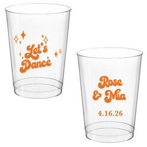 The Mod Mediterranean Let's Dance Cup features retro script lettering of the couple’s names and special date, accented with sparkling star details and the joyful party phrase “Let’s Dance.” Grab a set to keep drinks flowing and the energy high all night long. Go-to for wedding receptions and the dance floor!