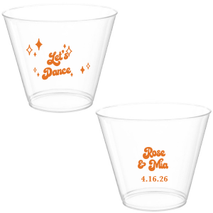 The Mod Mediterranean Let's Dance Cup features retro script lettering of the couple’s names and special date, accented with sparkling star details and the joyful party phrase “Let’s Dance.” Grab a set to keep drinks flowing and the energy high all night long. Go-to for wedding receptions and the dance floor!