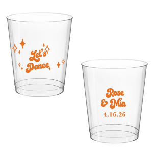 The Mod Mediterranean Let's Dance Cup features retro script lettering of the couple’s names and special date, accented with sparkling star details and the joyful party phrase “Let’s Dance.” Grab a set to keep drinks flowing and the energy high all night long. Go-to for wedding receptions and the dance floor!