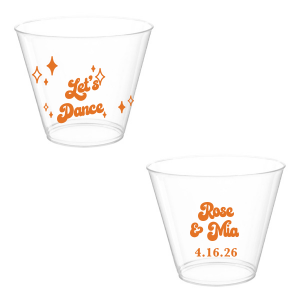 The Mod Mediterranean Let's Dance Cup features retro script lettering of the couple’s names and special date, accented with sparkling star details and the joyful party phrase “Let’s Dance.” Grab a set to keep drinks flowing and the energy high all night long. Go-to for wedding receptions and the dance floor!