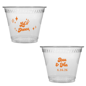 The Mod Mediterranean Let's Dance Cup features retro script lettering of the couple’s names and special date, accented with sparkling star details and the joyful party phrase “Let’s Dance.” Grab a set to keep drinks flowing and the energy high all night long. Go-to for wedding receptions and the dance floor!