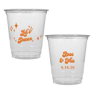 The Mod Mediterranean Let's Dance Cup features retro script lettering of the couple’s names and special date, accented with sparkling star details and the joyful party phrase “Let’s Dance.” Grab a set to keep drinks flowing and the energy high all night long. Go-to for wedding receptions and the dance floor!