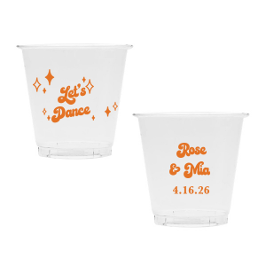 The Mod Mediterranean Let's Dance Cup features retro script lettering of the couple’s names and special date, accented with sparkling star details and the joyful party phrase “Let’s Dance.” Grab a set to keep drinks flowing and the energy high all night long. Go-to for wedding receptions and the dance floor!