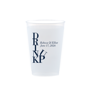 Cheers to creativity with the Drink Up Cup—a design that's as smart as it is stylish. The bold, vertically stacked 'DRINK' meets a jaunty 'UP,' capturing the spirit of celebration. Accompanied by the couple's names and special date, it's the perfect blend of fun and personalized elegance for any toast-worthy occasion.
