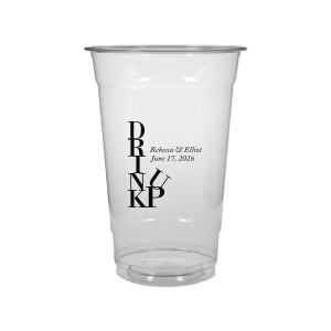 Cheers to creativity with the Drink Up Cup—a design that's as smart as it is stylish. The bold, vertically stacked 'DRINK' meets a jaunty 'UP,' capturing the spirit of celebration. Accompanied by the couple's names and special date, it's the perfect blend of fun and personalized elegance for any toast-worthy occasion.
