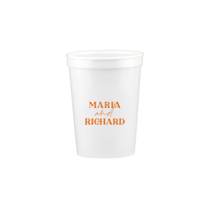 The Pasta Party Names Cup features bold modern typography of the couple’s names paired with elegant script accents for a stylish, contemporary look. Order yours to serve drinks with a custom touch guests will remember. Lovely for wedding receptions or dinner celebrations.