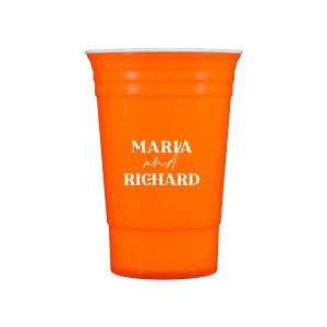 The Pasta Party Names Cup features bold modern typography of the couple’s names paired with elegant script accents for a stylish, contemporary look. Order yours to serve drinks with a custom touch guests will remember. Lovely for wedding receptions or dinner celebrations.