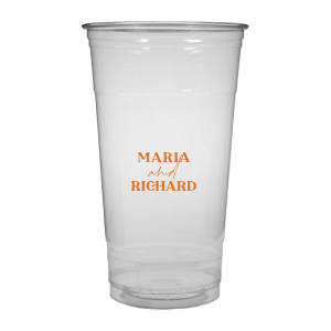 The Pasta Party Names Cup features bold modern typography of the couple’s names paired with elegant script accents for a stylish, contemporary look. Order yours to serve drinks with a custom touch guests will remember. Lovely for wedding receptions or dinner celebrations.
