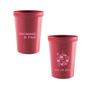 This Retro Wedding Disco Ball Cup features bold lettering of the couple’s names paired with a retro disco ball illustration and event date on the reverse for a party-ready vibe. Grab a set to keep drinks flowing and guests dancing all night. Spot-on for wedding receptions and dance-floor celebrations.