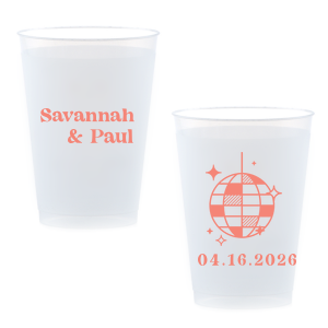 This Retro Wedding Disco Ball Cup features bold lettering of the couple’s names paired with a retro disco ball illustration and event date on the reverse for a party-ready vibe. Grab a set to keep drinks flowing and guests dancing all night. Spot-on for wedding receptions and dance-floor celebrations.