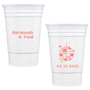 This Retro Wedding Disco Ball Cup features bold lettering of the couple’s names paired with a retro disco ball illustration and event date on the reverse for a party-ready vibe. Grab a set to keep drinks flowing and guests dancing all night. Spot-on for wedding receptions and dance-floor celebrations.