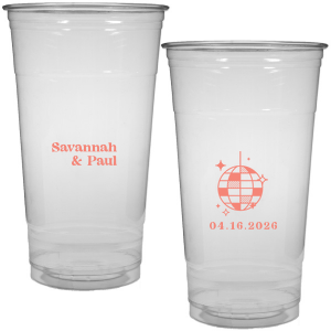 This Retro Wedding Disco Ball Cup features bold lettering of the couple’s names paired with a retro disco ball illustration and event date on the reverse for a party-ready vibe. Grab a set to keep drinks flowing and guests dancing all night. Spot-on for wedding receptions and dance-floor celebrations.