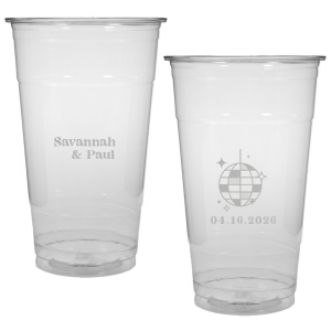 This Retro Wedding Disco Ball Cup features bold lettering of the couple’s names paired with a retro disco ball illustration and event date on the reverse for a party-ready vibe. Grab a set to keep drinks flowing and guests dancing all night. Spot-on for wedding receptions and dance-floor celebrations.