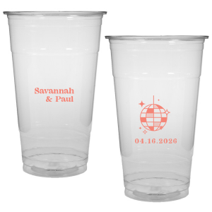 This Retro Wedding Disco Ball Cup features bold lettering of the couple’s names paired with a retro disco ball illustration and event date on the reverse for a party-ready vibe. Grab a set to keep drinks flowing and guests dancing all night. Spot-on for wedding receptions and dance-floor celebrations.