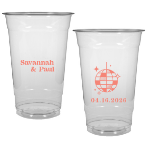 This Retro Wedding Disco Ball Cup features bold lettering of the couple’s names paired with a retro disco ball illustration and event date on the reverse for a party-ready vibe. Grab a set to keep drinks flowing and guests dancing all night. Spot-on for wedding receptions and dance-floor celebrations.