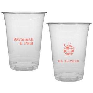 This Retro Wedding Disco Ball Cup features bold lettering of the couple’s names paired with a retro disco ball illustration and event date on the reverse for a party-ready vibe. Grab a set to keep drinks flowing and guests dancing all night. Spot-on for wedding receptions and dance-floor celebrations.