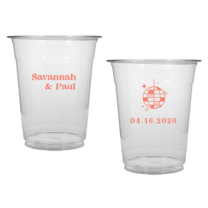 This Retro Wedding Disco Ball Cup features bold lettering of the couple’s names paired with a retro disco ball illustration and event date on the reverse for a party-ready vibe. Grab a set to keep drinks flowing and guests dancing all night. Spot-on for wedding receptions and dance-floor celebrations.