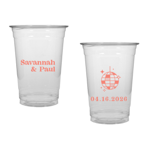 This Retro Wedding Disco Ball Cup features bold lettering of the couple’s names paired with a retro disco ball illustration and event date on the reverse for a party-ready vibe. Grab a set to keep drinks flowing and guests dancing all night. Spot-on for wedding receptions and dance-floor celebrations.