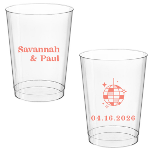 This Retro Wedding Disco Ball Cup features bold lettering of the couple’s names paired with a retro disco ball illustration and event date on the reverse for a party-ready vibe. Grab a set to keep drinks flowing and guests dancing all night. Spot-on for wedding receptions and dance-floor celebrations.