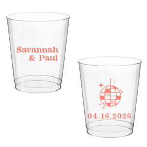 This Retro Wedding Disco Ball Cup features bold lettering of the couple’s names paired with a retro disco ball illustration and event date on the reverse for a party-ready vibe. Grab a set to keep drinks flowing and guests dancing all night. Spot-on for wedding receptions and dance-floor celebrations.